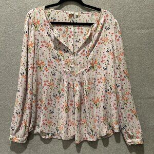 GAP Boho Peasant Floral Tunic Pleated Oversized Long Balloon Sleeves V-Neck LG